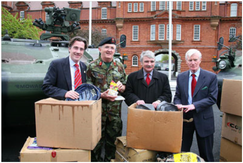 From left, Dr. Tim Campbell, Director of The Saint Patrick Centre, Maj Gen Dave Ashe, Deputy Chief of Staff (Support), Minister of Defence Willie O'Dea T.D. & Maj Gen Patrick Nowlan (Retd), Chairman of the Military Heritage of Ireland Trust. (Photograph taken by Airman Billy Galligan of An Cosantóir.)